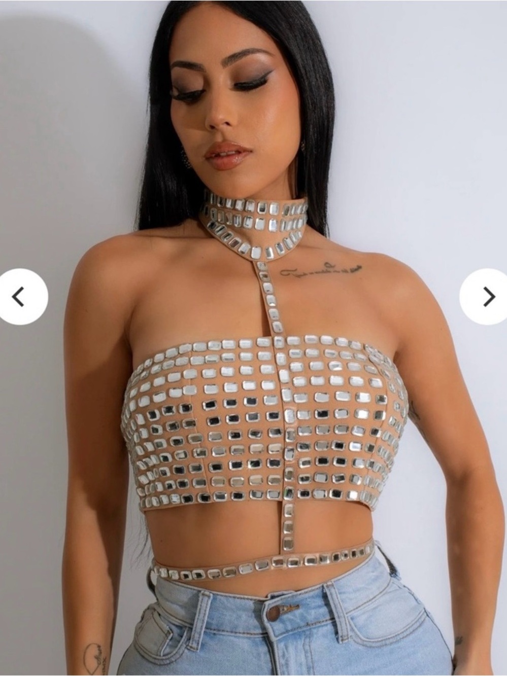 Hot Miami Styles Nude Rhinestone Halter Strappy Crop Top